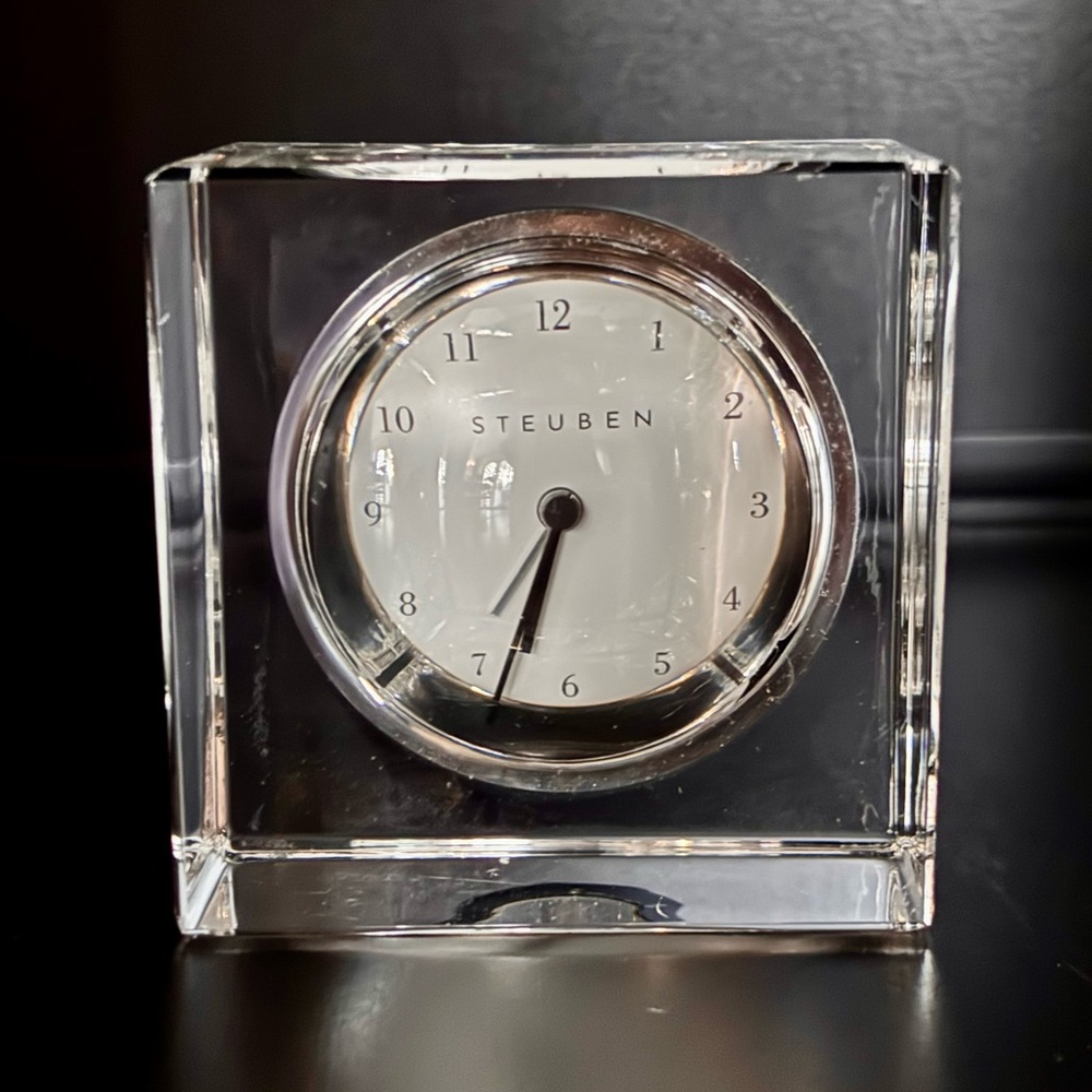 Vintage Steuben Clear Crystal Desk Clock Minimalist Keeps Time Alarm